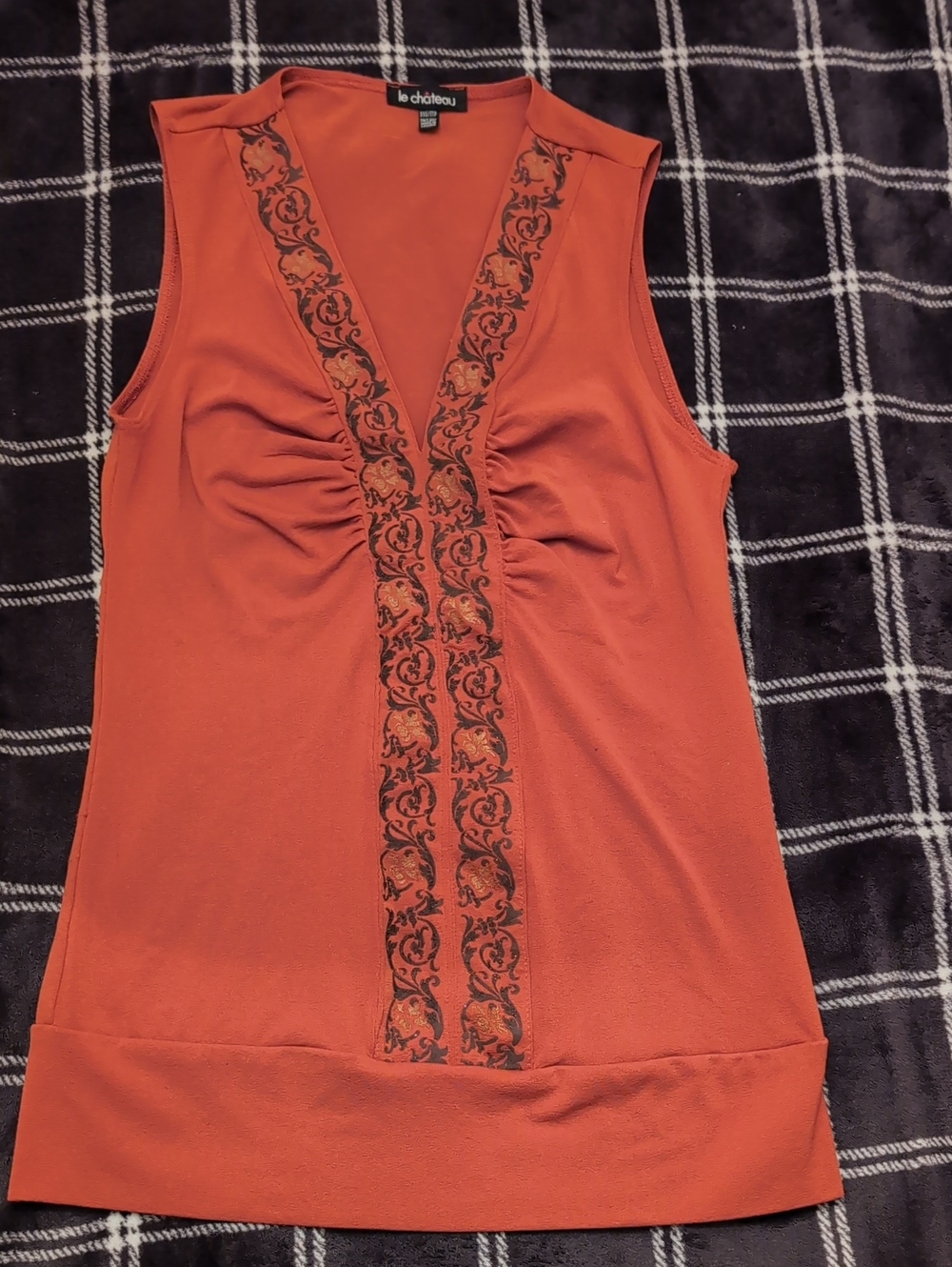 Vintage le chateau Burnt Orange Embroidered V-Neck Sleeveless Tank